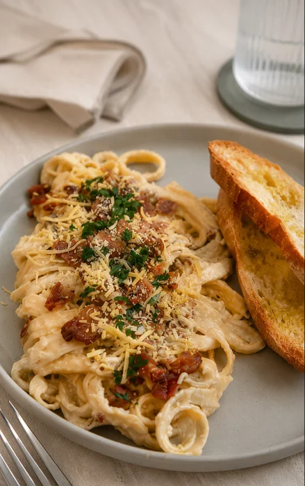 Pasta cremosa de champiñones y tocineta